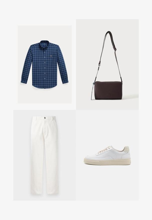 Marineblaue Hemdbluse aus Baumwolle mit weißem Karomuster, langen Ärmeln, einem Button-Down-Kragen und einem kleinen gestickten Logo.; Weiße Baumwollhosen mit geradem Schnitt, seitlichen Taschen, einer Metallknopfverschluss und dezenten Stickdetails an den Nähten.; Weiße Sneaker mit einem glatten Lederobermaterial, beigen Schnürsenkeln und einer strukturierten, beigen Wildleder-Fersenschlaufe. Erhöhte Sohle für zusätzlichen Komfort.; Dunkelbraune, strukturierte Leder-Crossbody-Tasche mit verstellbarem Riemen und kleinem dekorativen blauen Akzent an der Seite.