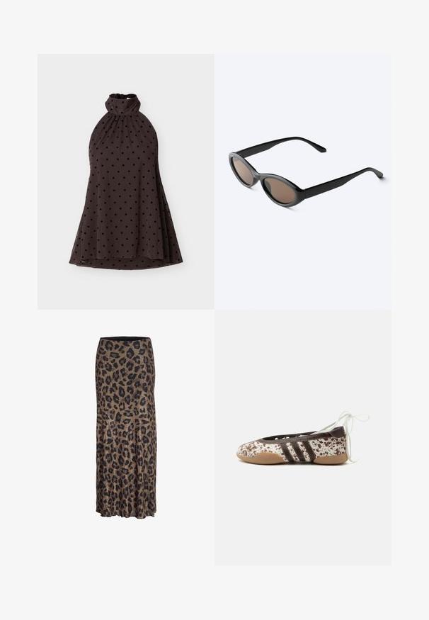 Ærmeløs mørkebrun kjole med halterneck og høj krave, prydet med sorte polkaprikker, med flydende A-linje design, vist fladt på hvid baggrund.; Leopardprint nederdel i brune og sorte nuancer, med et flydende design og en subtil flæsekant, fremstillet af et let og blødt stof.; Flad balletsko med brun- og hvidplettet mønster, tre mørke striber på siden, lys brun sål og hvide ankelbindere.; Sorte solbriller med oval ramme og mørke tonede linser, vist i en let vinkel på en hvid overflade.