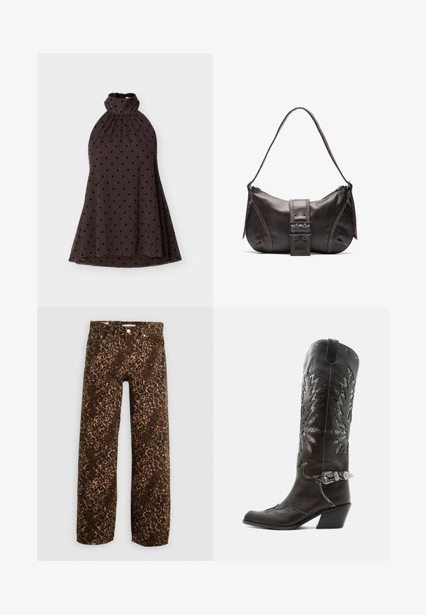 Ærmeløs mørkebrun kjole med halterneck og høj krave, prydet med sorte polkaprikker, med flydende A-linje design, vist fladt på hvid baggrund.; Bordeaux og tan leopardprint brede benjeans. Fremstillet af denim, med et klassisk fem-lomme design og metalhardwaredetaljer.; Sort læder cowboystøvle med dekorative udskæringer, sølvspænde og skrå hæl, vist på hvid baggrund.; Brun læder skuldertaske med en buet form, der har et fremtrædende spænde, kontrasterende syninger og en enkelt skulderrem.