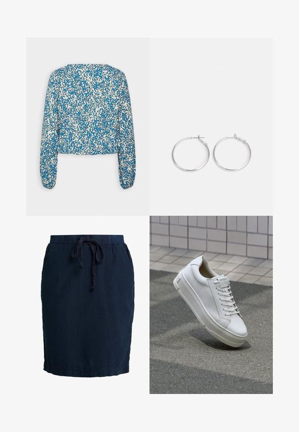 TOM TAILOR DENIM PINTED BLOUSE - Blúzka - light blue; Námořnická modrá sukňa s elastickým pásom a nastaviteľnou šnúrkou. Vyrobená z ľahkej textíl, so stredne dlhým strihom a bočnými švami.; Biele kožené tenisky s nízkym strihom, plochými šnúrkami, zaoblenou špicou a textúrovanými stranami. Hrubá gumová podrážka s jemnými akcentmi.; sweet deluxe EARRING - Náušnice - silver-coloured