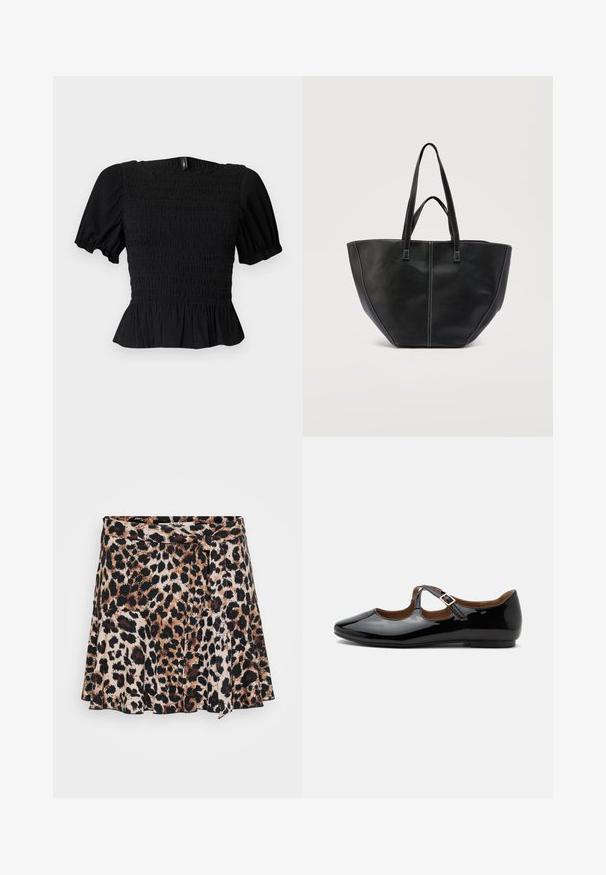 Top negro texturizado de manga corta con mangas abullonadas, cuerpo fruncido, escote cuadrado y volante en el bajo sobre un fondo claro.; Falda envolvente de estampado de leopardo con diseño acampanado, que presenta tonos de marrón y negro sobre un fondo claro. Tela suave con textura lisa.; Zapato plano Mary Jane de charol negro con dos recortes y una correa con hebilla dorada sobre fondo blanco.; Bolso tote de cuero negro con doble asa y costuras en contraste blancas, con una forma ancha y estructurada y detalles de costuras centrales.