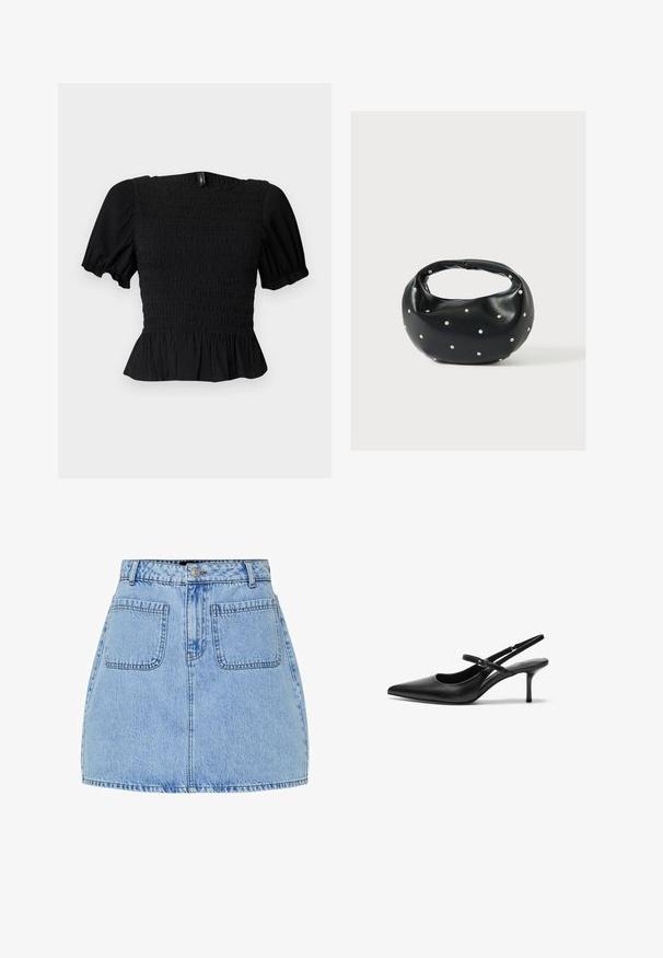Haut court noir texturé avec manches bouffantes, corsage smocké, encolure carrée et ourlet à volants sur fond clair.; Mini-jupe en denim bleu clair avec taille haute, fermeture à boutons sur le devant et deux poches arrière. Présente des coutures contrastées et une coupe droite.; Talons aiguilles noires en cuir avec un bout pointu, une fine bride réglable, et un talon aiguille d'environ 5 cm, texture lisse.; Sac à main en cuir noir de forme arrondie, décoré de clous argentés et équipé d'une poignée courte. Texture lisse et fermeture éclair.
