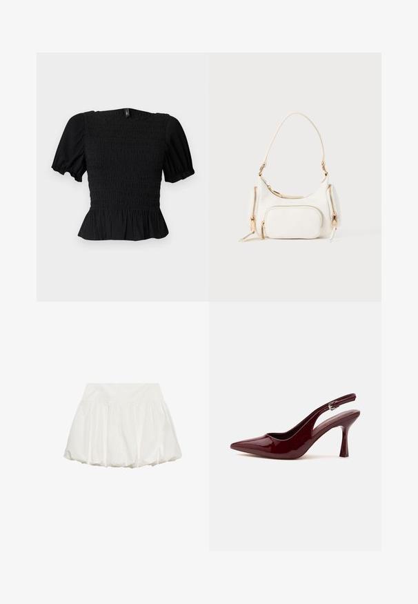 Haut court noir texturé avec manches bouffantes, corsage smocké, encolure carrée et ourlet à volants sur fond clair.; Jupe ballon blanche avec une large ceinture et un tissu froncé créant une silhouette gonflée.; Chaussure à talon haut slingback rouge foncé brillant à bout pointu, avec une fine bride réglable et un talon aiguille effilé sur fond blanc.; Sac à main blanc avec une bandoulière courte, surface texturée, plusieurs poches zippées et accents en métal doré. Design compact et moderne.