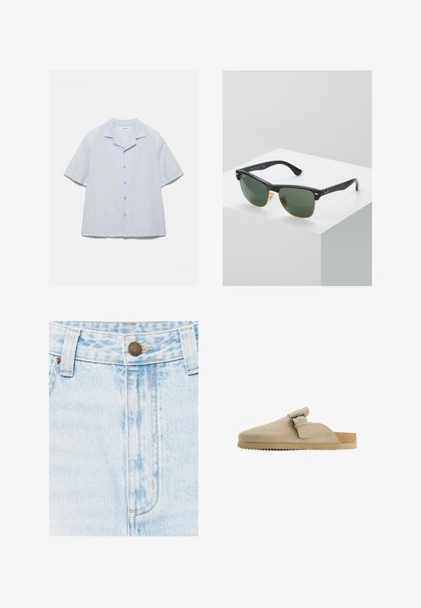 Chemise bleu clair à manches courtes avec boutons et col camp, présentée à plat sur fond blanc.; Ceinture de jean en denim bleu clair avec bouton en métal, passants de ceinture et coutures visibles à l'avant.; Sabot en daim beige avec une forme courbée, bride en métal réglable et semelle en liège texturée. La semelle extérieure présente un bord cranté pour une meilleure adhérence.; Lunettes de soleil Ray-Ban avec des verres verts, monture en plastique noir et accents dorés sur les bords. Forme carrée avec une finition mate.