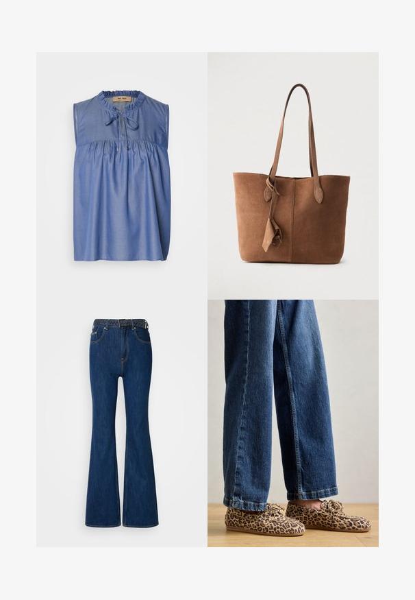 Blå ærmeløs bluse lavet af letvægtsstof, med en samlet skæring ved brystet, flæseudskæring og en snøre-lukning foran.; Blå denim flared jeans med høj talje, kontraststing og et vævet bælte med flettet design. Glat tekstur og klassisk stil.; Læderloafers med leopardmønster, lavet af ruskind, med rund tå, snøre-design og flade, fleksible såler, parret med blå denim jeans.; Brun ruskinds-tote taske med to skulderremme, et enkelt design og en frynse-detalje på siden. Glat tekstur og struktureret form.