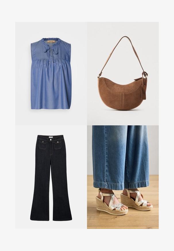 Blouse sans manches bleue en tissu léger, avec un corsage froncé, un col à volants et une fermeture à nouer à l'avant.; Jeans en denim foncé évasés avec une taille haute, deux poches avant et des coutures orange. Le matériau semble robuste et lisse.; Sandales compensées dorées à lanières avec une base en jute tissée. Présente des brides croisées larges et un design à bout rond. Portées avec un jean large bleu clair.; Sac à main en daim marron de forme courbée en demi-lune. Il est doté d'une bandoulière, d'une petite étiquette et de coutures visibles le long des bords.