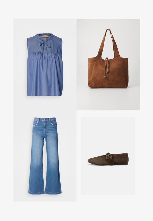 Blusa sin mangas azul hecha de una tela ligera, con un cuerpo fruncido, cuello con volantes y un cierre de lazo en la parte frontal.; Pantalones vaqueros de pierna ancha en azul, fabricados en denim, con una cintura alta, costuras decorativas en los bolsillos y un lavado desgastado.; Zapato plano de ante marrón con tira ancha y hebilla dorada, puntera redondeada y suela baja negra, mostrado de perfil sobre fondo blanco.; Bolso tote de ante marrón con dos asas largas, cierre de cordón y textura suave. Presenta un diseño sencillo y acentos mínimos.