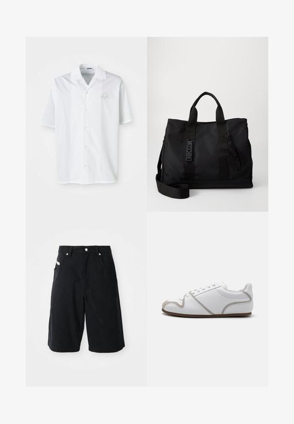Chemise blanche à manches courtes en coton avec fermeture à boutons sur le devant. Présente un logo brodé discret sur la poitrine. Col classique.; Shorts noirs en coton avec une coupe décontractée, dotés de poches avant, d'une taille avec passants de ceinture et d'une petite étiquette sur le côté.; Baskets blanches avec une tige en cuir lisse, des accents en suede gris et un design de laçage simple. Semelle en caoutchouc brun antidérapante ; style minimaliste.; Sac fourre-tout en nylon noir avec double anses supérieures, bandoulière réglable et détails de logo gaufré. Texture lisse avec une étiquette attachée.