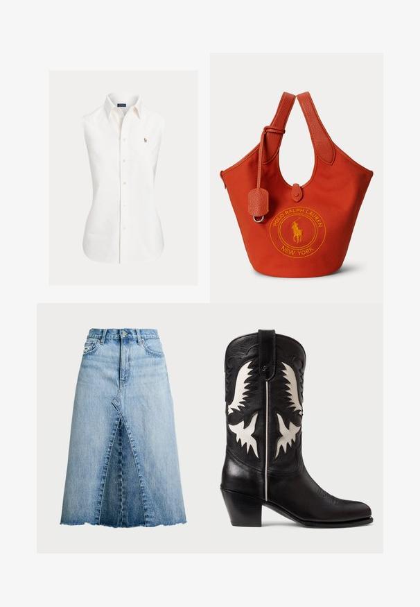 Hvid ærmeløs skjorte lavet af bomuld med spidst krave, knapper foran og en lille broderet logo på venstre side.; Polo Ralph Lauren PANELED DENIM A LINE SKIRT - A-snit nederdel - lindale wash; Sorte læder cowboystøvler med hvide kantede detaljer, prydet med dekorativ syning, spidse tåer og en lav stablet hæl.; Rød canvas mulepose med læderhåndtag og Polo Ralph Lauren New York-logo broderet i gult på forsiden.