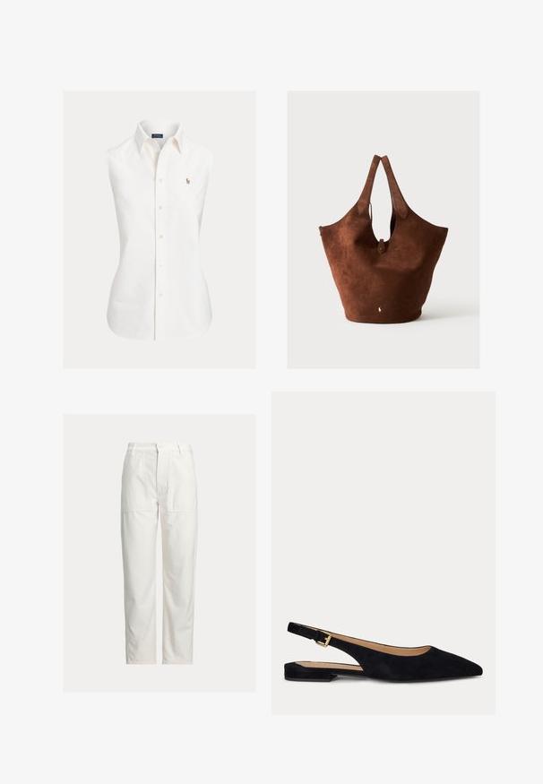 Witte mouwloze katoenen blouse met een puntige kraag, knoopsluiting aan de voorkant en een klein geborduurd logo aan de linkerkant.; Witte broek met rechte pijpen, grote voorkwabzakken, riemlussen en een knoopsluiting in de taille.; Zwarte suède platte slingback met spitse neus, lage hak en verstelbare gouden gesp.; Grote bruine suède tote bag met twee hengsels, een klein riempje met knoopsluiting en een wit geborduurd logo nabij het onderste midden.