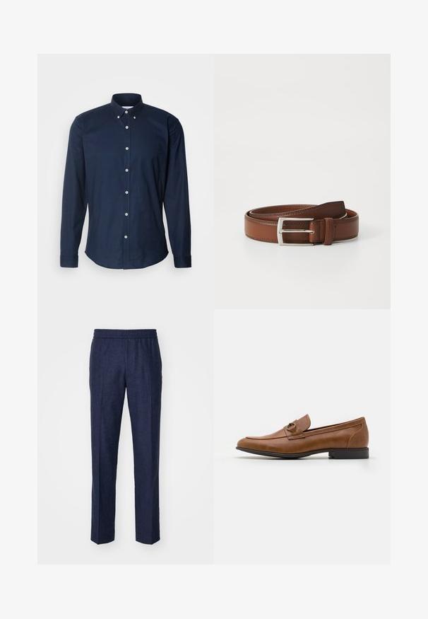 Chemise à manches longues bleu marine avec un col boutonné, des boutons sur le devant et un ourlet arrondi. Fabriquée en tissu coton lisse.; Pantalons en lin bleu marine avec une taille élastique, coupe droite et sans motifs ni détails en métal visibles. Texture lisse.; Mocassins en cuir marron avec un talon plat, ornés d'un accent métallique décoratif à l'avant, au design épuré et à la texture lisse.; Ceinture en cuir brun au fini lisse, avec une boucle en métal argenté et une couture subtile le long des bords. Design classique et durable.
