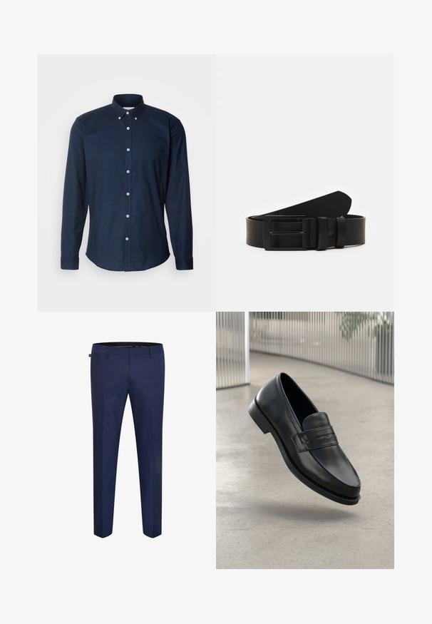 Navyblauw overhemd met lange mouwen, met een button-down kraag, knopen aan de voorkant en een afgeronde zoom. Gemaakt van een gladde katoenen stof.; Marineblauwe op maat gemaakte broek van een gladde stof, met een slanke pasvorm en een vlakke voorkant zonder zichtbare zakken of versieringen.; Zwarte leren loafer met een gladde textuur, spitse neus en een decoratieve band over de wreef. Lichtgewicht zool, minimalistisch ontwerp.; Zwarte leren riem gerold met een matte zwarte rechthoekige metalen gesp en twee riemlussen op een witte achtergrond.