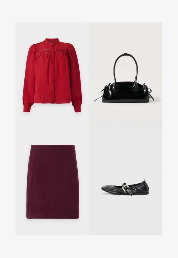 Blouse rouge à manches longues avec col montant, fermeture à boutons sur le devant, détails de basque plissée, et tissu froncé sous la poitrine et aux poignets.; Vero Moda VMFORTUNALLISON SHORT - Jupe trapèze - winetasting; Chaussure plate en cuir noir avec un nez pointu, des détails froncés autour de l'ouverture et un accent en boucle argentée sur la bride ajustable.; Petit sac à main noir brillant avec deux longues anses et des détails à cordon sur les côtés sur un fond clair uni.