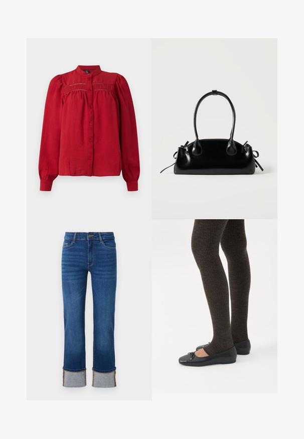 Blouse rouge à manches longues avec col montant, fermeture à boutons sur le devant, détails de basque plissée, et tissu froncé sous la poitrine et aux poignets.; Jean en denim bleu avec une jambe droite, présentant des ourlets retroussés en gris clair. Taille mi-haute et design traditionnel à cinq poches.; Jambes portant des leggings côtelés foncés associés à des ballerines noires avec de petits détails en nœud sur fond blanc.; Petit sac à main noir brillant avec deux longues anses et des détails à cordon sur les côtés sur un fond clair uni.