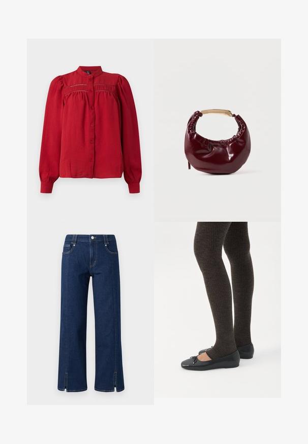 Rode blouse met lange mouwen en staande kraag, knoopsluiting aan de voorkant, geplooide schouderdetails en gathered stof onder de borst en bij de manchetten.; Donkerblauwe denim wijde broek met een hoge taille, voorzien van zijzakken, een frontale knoopsluiting en gespleten zoom voor extra detail.; Benen met donkere geribbelde leggings gecombineerd met zwarte ballerina's met kleine strikdetails op een witte achtergrond.; Bordeaux neplederen handtas met een ronde vorm, geplooide details en een handgreep van goudkleurig metaal. Gladde textuur en glanzende afwerking.