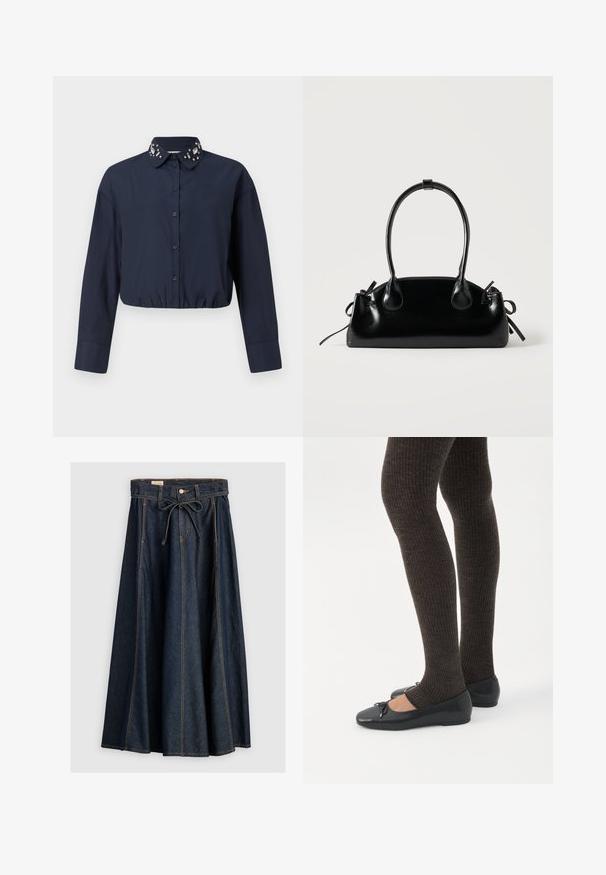 Chemise courte bleu marine avec col boutonné, ornée de décorations sur le col. Manches longues et ourlet élastique.; Levi's® XL SKIRT - Jupe en jean - square circle; Jambes portant des leggings côtelés foncés associés à des ballerines noires avec de petits détails en nœud sur fond blanc.; Petit sac à main noir brillant avec deux longues anses et des détails à cordon sur les côtés sur un fond clair uni.