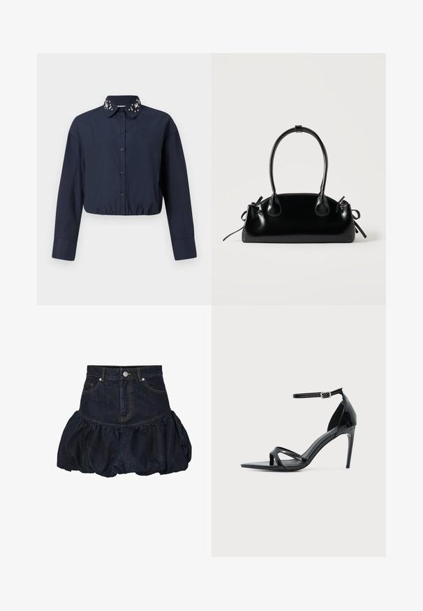 Marineblauw cropped shirt met een button-down kraag, voorzien van decoratieve versieringen op de kraag. Lange mouwen en elastische zoom.; Donkerdenimrok met een getailleerde taille en een verzamelde, puffy geplooide onderkant. Voorzien van voorzakken en een metalen knoopsluiting.; Zwarte lakleren sandalen met hoge hak, dunne enkelband, open teen en minimalistisch ontwerp op een effen lichte achtergrond.; Kleine zwarte glanzende handtas met twee lange hengsels en zijkant trekkoord details op een effen lichte achtergrond.
