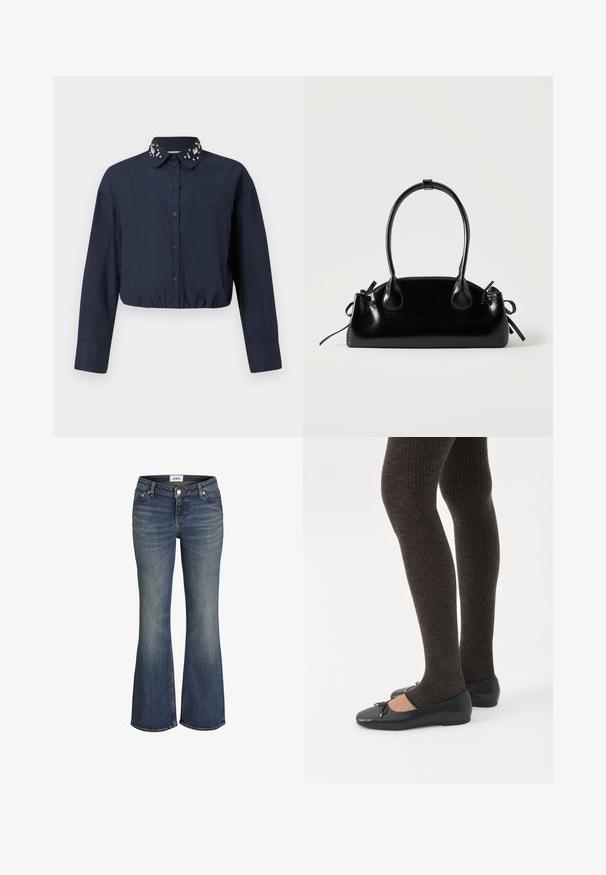 Marineblauw cropped shirt met een button-down kraag, voorzien van decoratieve versieringen op de kraag. Lange mouwen en elastische zoom.; Blauwe vervaagde flare jeans met knopen aan de voorkant, vijf zakken en een zichtbaar merkembleem op de tailleband.; Benen met donkere geribbelde leggings gecombineerd met zwarte ballerina's met kleine strikdetails op een witte achtergrond.; Kleine zwarte glanzende handtas met twee lange hengsels en zijkant trekkoord details op een effen lichte achtergrond.