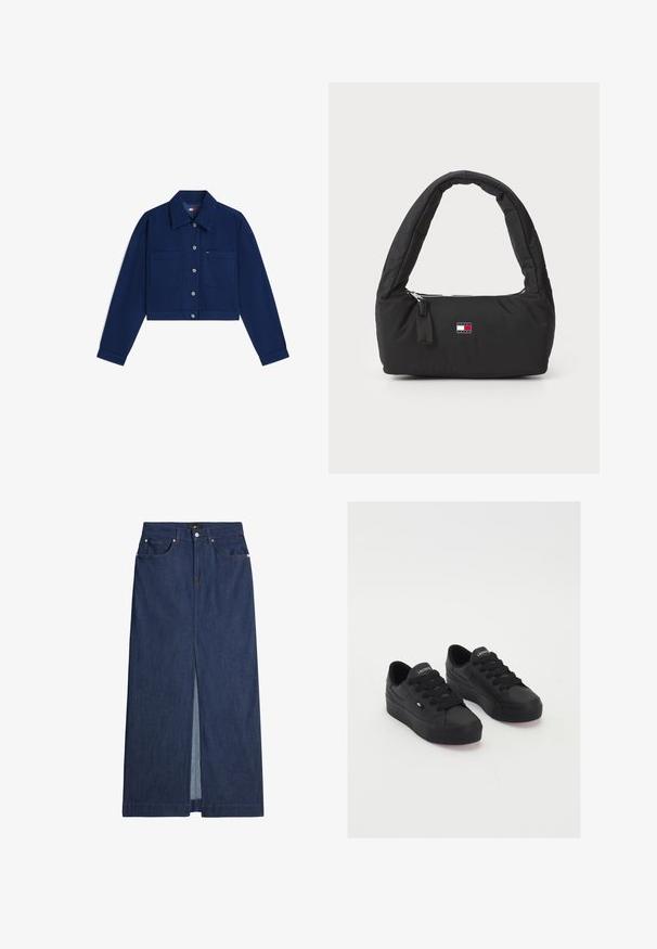 Mørkeblå cropped jakke med knaplukning foran, to brystlommer, lange ærmer og en krave, vist på en hvid baggrund.; Mørkeblå denimnederdel i knælang længde med en frontslids, fem-lomme design og kontraststing. Regular talje med bæltestropper.; Sorte lavtop sneakers lavet af glat materiale, med tykke snørebånd, en struktureret sål og et lille logo på siden og tungen.; Sort nylon håndtaske med et buet, polstret håndtag, sølv lynlås og et lille logo patch i rød, hvid og blå.