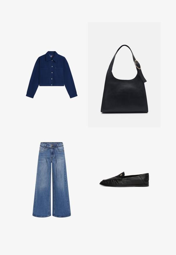 Mørkeblå cropped jakke med knaplukning foran, to brystlommer, lange ærmer og en krave, vist på en hvid baggrund.; My Essential Wardrobe MWKARO 144 MID XWIDE - Wide leg - medium blue wash; Sorte læder slip-on sko med spids tå, der har et samlede design foran og en lille detalje i guld. Flad sål.; Sort læder tote taske med en glat overflade, rund form og en enkelt skulderrem med et cirkulært guld hardware-ornament.