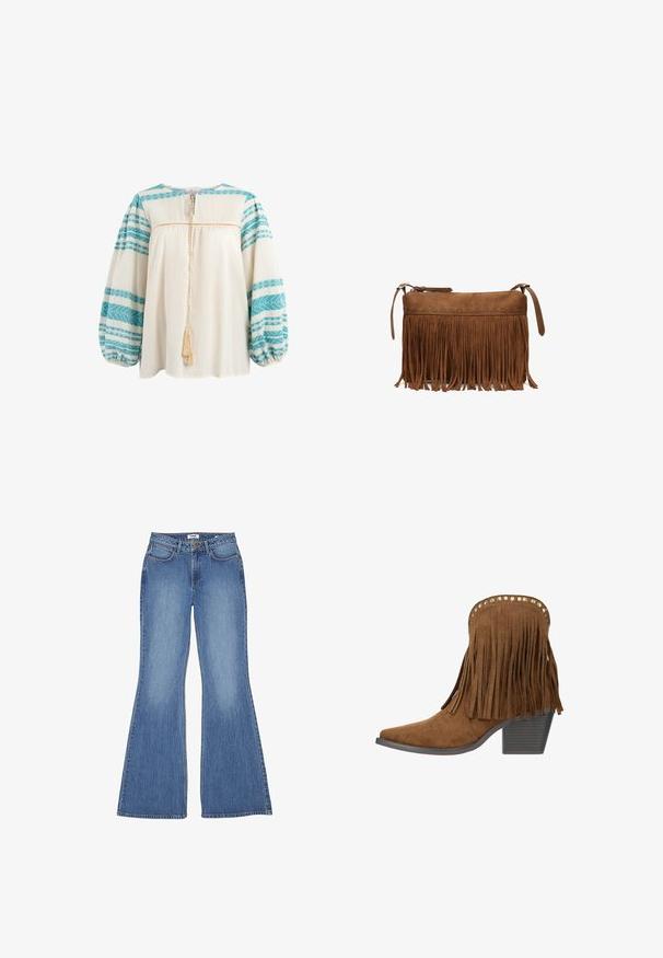 Weiße Bluse mit blauen gemusterten Ärmeln, runder Ausschnitt, gerafften Ballonärmeln und einer Bindeschließe mit einer Quaste auf der Rückseite.; Ausgestellte blaue Denim-Jeans mit hoher Taille, fünf Taschen und Kontrastnähten; glatte Textur und klassischer Waschung.; Brauner Wildleder-Stiefelette mit Fransenverzierung, goldfarbenen Nieten entlang der oberen Kante, spitzer Zehenpartie und gestapeltem Blockabsatz.; Braune Wildleder-Umhängetasche mit langen Fransen und Reißverschluss auf weißem Hintergrund.