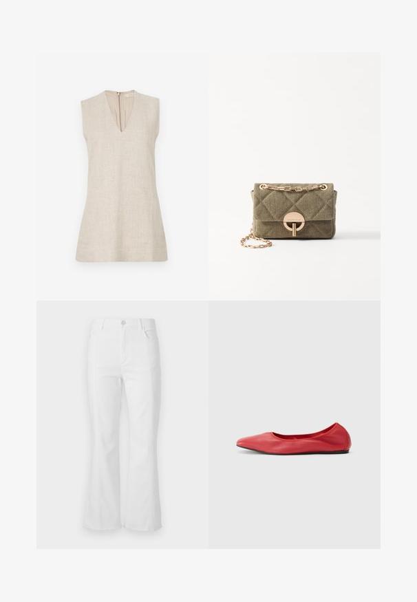 Beige mouwloze top met een V-hals, gemaakt van textuurstof, met een rits aan de achterkant. Eenvoudig ontwerp, zonder patronen of accenten.; Witte flared jeans met een hoge taille, voorknoopzakken en een onafgewerkte zoom. Gemaakt van denim met een soepele textuur en minimale stikdetails.; Filippa K REY FLATS - Ballerina's - bright red; Vanessa Bruno MOON - Handtas - kaki