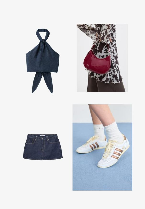 Mørkeblå denim haltertop med bred nakkestropp og bundet stofdetalje bagpå.; Mørkeblå denim mininederdel med frontknapper, lommer, bæltestropper og synlige orange syninger på hvid baggrund.; Hvide sneakers med bronze striber, tekstureret læder, gule snørebånd og perforerede detaljer. Båret med hvide ribbede sokker på en blød blå overflade.; Kvinde iført en sort- og hvidmønstret bluse, der holder en blank rød skuldertaske mod en ensfarvet baggrund.
