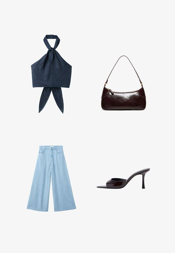 Haut licou en denim bleu foncé avec large bretelle autour du cou et détail en tissu noué à l'arrière.; Pantalon en jean bleu clair taille haute à jambes larges, avec poches avant, passants pour ceinture, fermeture par bouton et braguette zippée.; Mule en cuir verni noir à bout ouvert avec un talon stiletto fin de hauteur moyenne et une bride supérieure basse.; Sac à bandoulière en cuir marron foncé avec une seule sangle et une fermeture éclair, forme rectangulaire avec des bords arrondis sur fond blanc.