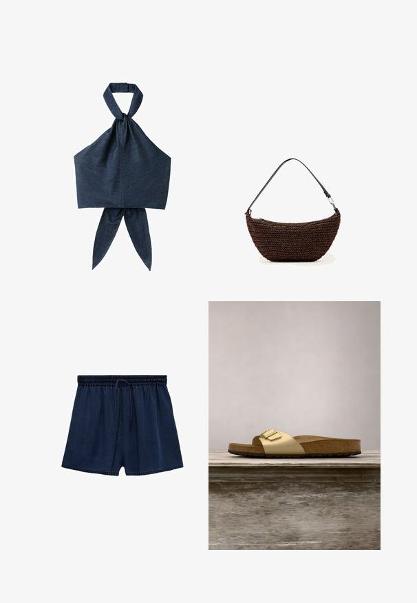 Haut licou en denim bleu foncé avec large bretelle autour du cou et détail en tissu noué à l'arrière.; Shorts bleu marine en tissu léger, dotés d'une taille élastique avec cordon de serrage et d'une coupe décontractée. L'ourlet est légèrement effiloché.; Sandale glissante synthétique dorée avec une seule sangle et un accent de boucle, dotée d'un pied en liège brun et d'une semelle en caoutchouc texturé.; Sac à main brun tissé en forme de croissant avec une bandoulière noire réglable et un détail de fermeture métallique sur fond blanc.