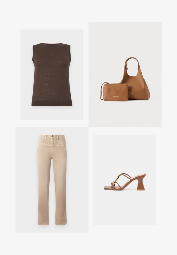 Ærmeløs brun strikket sweatervest med ribkant ved halsudskæring, armhuler og kant.; Beige lige bukser lavet af blødt stof, med lukning foran med knap, to frontlommer og subtile syningsdetaljer.; Brun sandal med hæl, firkantet tå, buet blokhæl, tynde stropper og to guld cirkulære dekorative accenter på stropperne.; Brun tekstureret læderhåndtaske med en matchende lille lynlåspung, begge med et enkelt, rundt design på en ensfarvet baggrund.