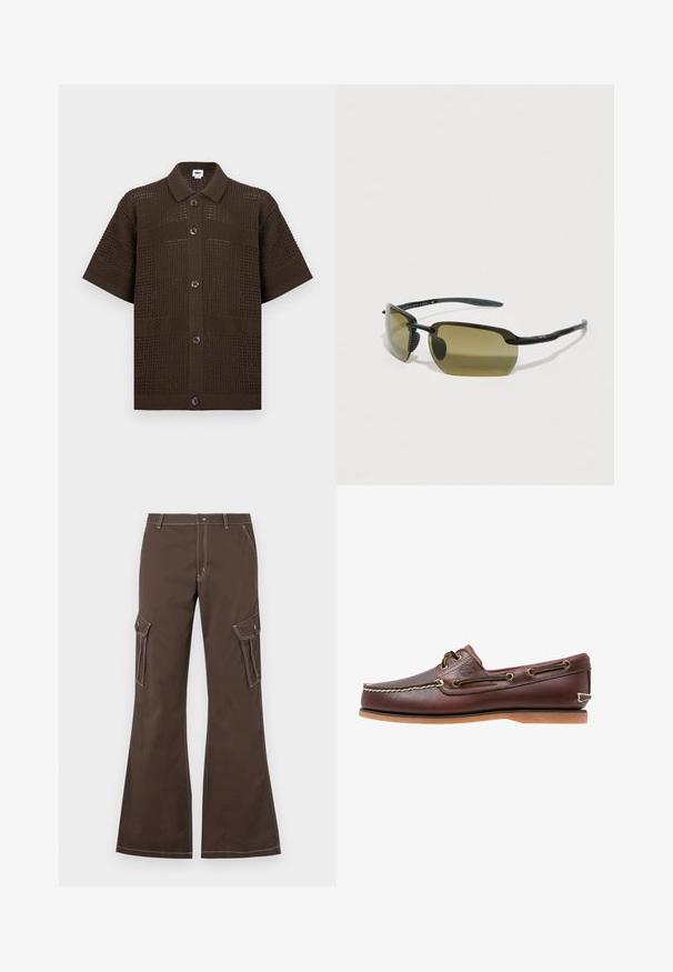 Chemise en tricot à manches courtes de couleur brun foncé avec boutons sur le devant, col classique et motif en tricot ajouré texturé.; Pantalons cargo marron avec des jambes évasées, dotés de poches latérales, d'accents de couture blanche et d'une fermeture à bouton en métal.; Chaussure bateau en cuir marron avec coutures blanches, détails de lacets et semelle en caoutchouc beige, vue de côté sur fond blanc.; Lunettes de soleil noires avec des lentilles ovales vertes, une monture mate élancée et des embouts de branches en caoutchouc pour le confort. Design minimaliste sans marquage visible.