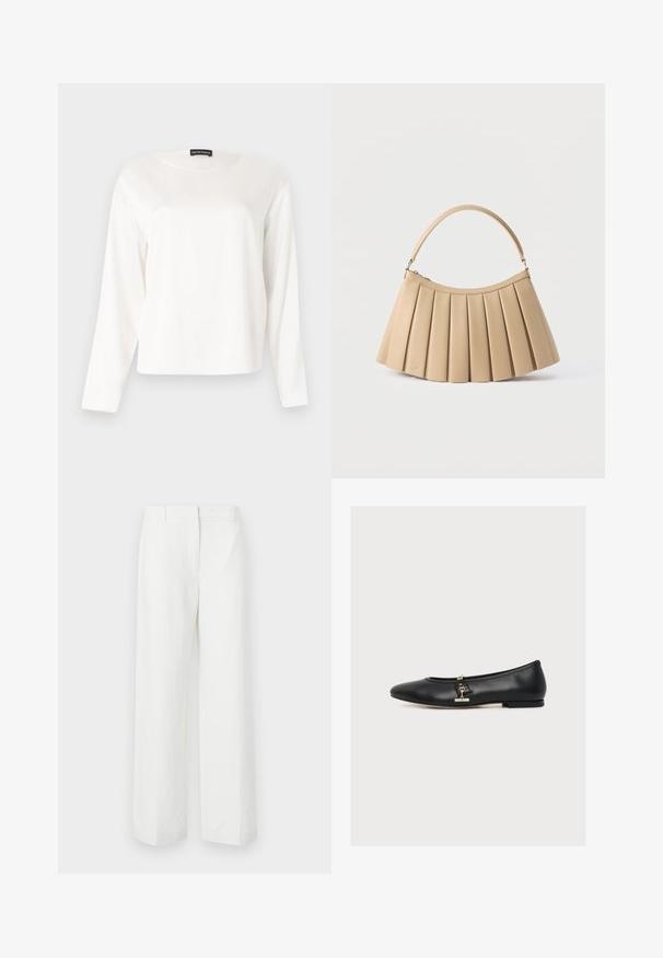T-shirt blanc à manches longues avec col rond, coupe décontractée, présenté sur un fond gris clair uni.; Pantalons blancs à jambes larges avec une texture lisse, présentant un devant plat et des plis marqués. Fabriqués en tissu léger, sans motifs visibles.; Ballerine plate en cuir noir avec un petit détail de boucle dorée sur le côté, talon bas et bout arrondi, présentée de profil sur fond blanc.; Sac à main plissé beige avec fermeture éclair incurvée en haut et poignée arquée simple, présenté sur un fond blanc.