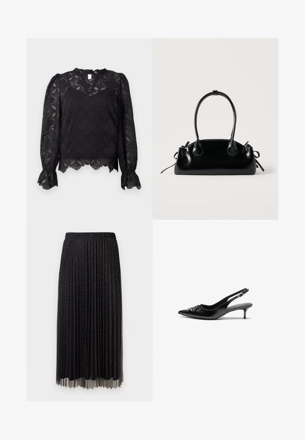 Zwarte blouse met lange mouwen, versierd met bloemige kantpatronen, met ruches aan de mouwuiteinden en een gegolfde zoom, voorzien van een klein ruches kraagje en een keyhole-halslijn.; Zwarte geplooide midi-rok met een subtiele luipaardprint, elastische tailleband en een doorschijnende textuur aan de zoom.; Zwarte leren slingbackhakken met een spitsen neus, lage kittenhak en geplooide details op het bovendeel. Gladde textuur en minimalistisch ontwerp.; Kleine zwarte glanzende handtas met twee lange hengsels en zijkant trekkoord details op een effen lichte achtergrond.