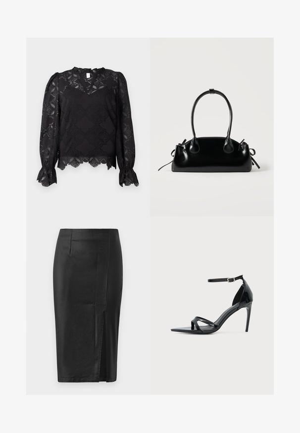 Blouse noire à manches longues avec des motifs en dentelle florale, des poignets froncés et un ourlet en dentelle, dotée d'un petit col à volants et d'un décolleté en forme de trou de clé.; Jupe crayon noire avec une texture lisse et soyeuse, dotée d'une fente latérale et de coutures ajustées, conçue pour épouser la silhouette.; Sandale à talon haut en cuir verni noir avec fine bride à la cheville, bout ouvert et design minimaliste sur fond clair uni.; Petit sac à main noir brillant avec deux longues anses et des détails à cordon sur les côtés sur un fond clair uni.