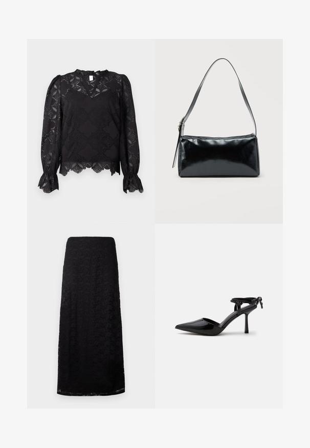 Schwarze Bluse mit langen Ärmeln und floralen Spitzenmustern, Rüschen an den Bündchen sowie einem gewellten Saum, ausgestattet mit einem kleinen Rüschennacken und einem Schlüsselloch-Ausschnitt.; Schwarzer Spitzen-Midi-Rock mit floralem Muster, gerader Schnitt und subtiler Textur, vor einem schlichten weißen Hintergrund präsentiert.; Schwarzer Lackleder-Pumps mit spitzer Zehenpartie und Knöchelriemen, hinten zu einem Knoten gebunden, gezeigt auf weißem Hintergrund.; Schwarze rechteckige Schultertasche mit einem verstellbaren Riemen und einem oberen Reißverschluss vor einfachem Hintergrund.