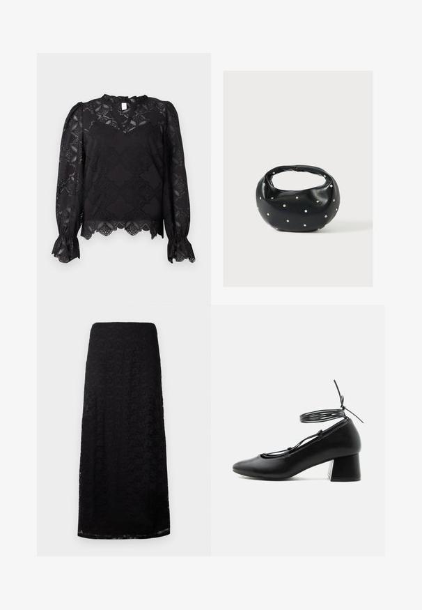 Schwarze Bluse mit langen Ärmeln und floralen Spitzenmustern, Rüschen an den Bündchen sowie einem gewellten Saum, ausgestattet mit einem kleinen Rüschennacken und einem Schlüsselloch-Ausschnitt.; Schwarzer Spitzen-Midi-Rock mit floralem Muster, gerader Schnitt und subtiler Textur, vor einem schlichten weißen Hintergrund präsentiert.; Schwarzer Lederschuh mit mittlerem Absatz, spitzer Schuhspitze, gekreuzten Riemen und Wickelverschluss um den Knöchel auf weißem Hintergrund.; Schwarze Lederhandtasche mit abgerundeter Form, verziert mit silbernen Nietenakzenten und kurzem Griff. Glatte Struktur und Reißverschlussverschluss.