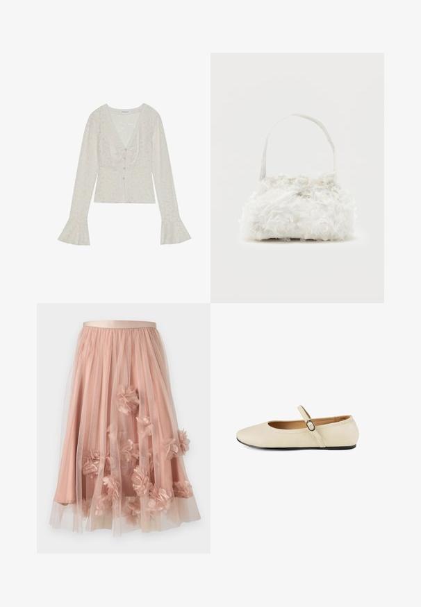 Blouse en dentelle ivoire avec un col en V, des manches longues évasées et cinq boutons sur le devant. Présente un motif floral et un tissu texturé.; Jupe en tulle rose pâle avec une ceinture en satin. Comprend plusieurs couches de tissu transparent et des appliqués floraux en trois dimensions sur toute la surface.; Chaussure Mary Jane en cuir beige avec un bout pointu, une semelle plate et une seule sangle ajustable avec boucle en métal. Texture lisse.; Petit sac à main blanc orné de roses en tissu recouvrant le corps et d'une fine anse unique, sur un fond uni.