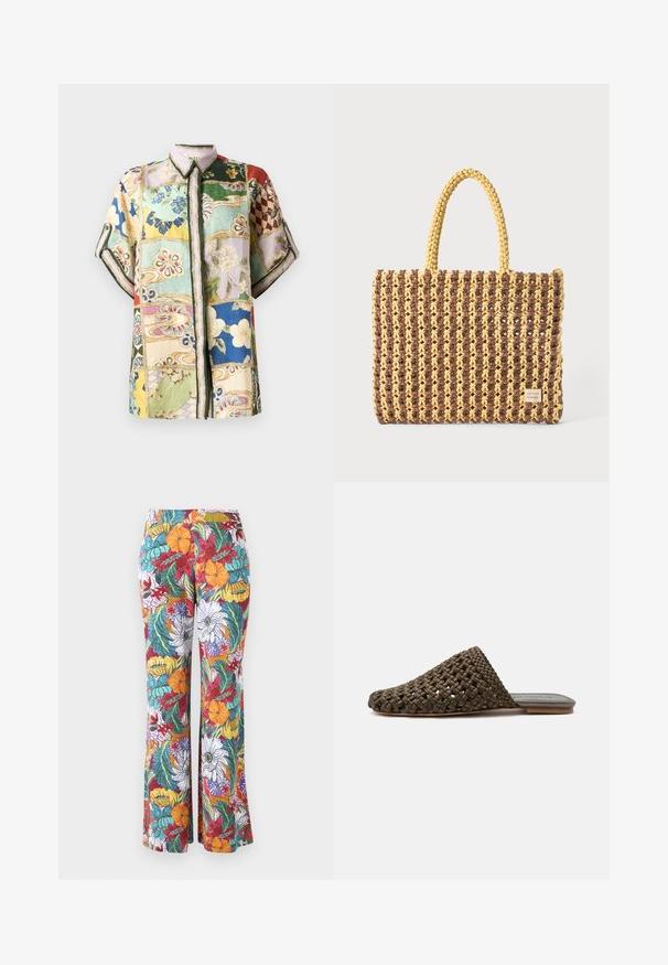 Chemise à boutons à manches courtes avec un design en patchwork comprenant plusieurs couleurs, des motifs floraux et géométriques, et un col.; Pantalon évasé avec un motif floral multicolore, présentant des fleurs orange, violet et teal ainsi que des feuilles vertes sur un fond blanc.; Mule tissée marron à enfiler avec une semelle plate et un bout fermé arrondi sur fond blanc.; Sac tissé marron et jaune, de forme rectangulaire, avec deux poignées, et une finition texturée avec des coutures visibles et une étiquette de marque.