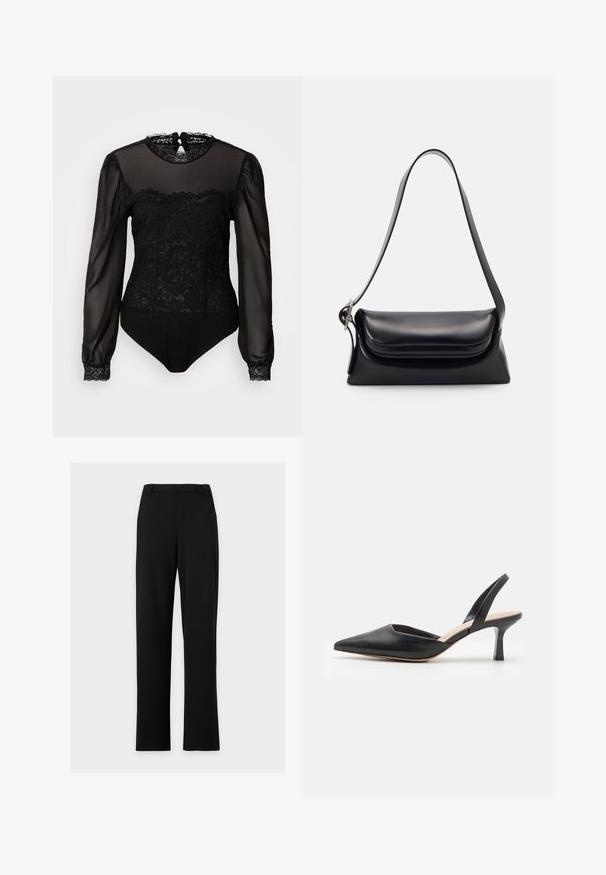 Body negro con mangas largas transparentes. Presenta un estampado de encaje en la parte superior frontal y un cuello alto con cierre en la parte trasera en forma de ojal.; Pantalones de vestir negros de corte recto con trabillas para cinturón y sin bolsillos visibles, mostrados sobre un fondo gris claro sencillo.; Zapato slingback de cuero negro con punta afilada, tacón delgado y un diseño limpio, que presenta una silueta elegante y una textura suave.; Bolso de piel negra con una forma estructurada, una textura suave y una sola correa para el hombro. Presenta un diseño de tapa sutil y redondeado.