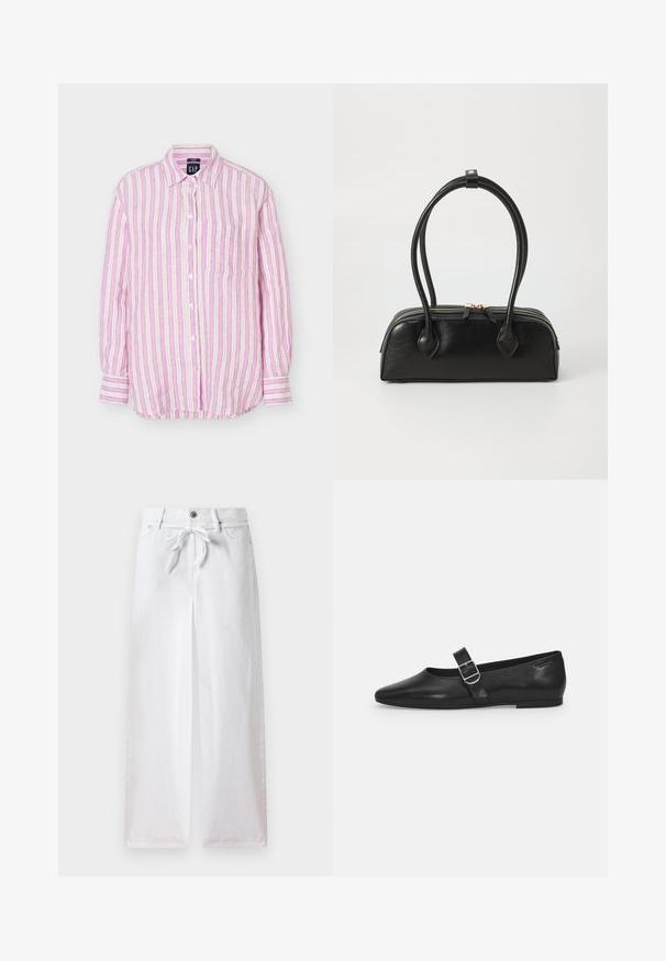 Camisa de manga larga abotonada con rayas verticales rosas, blancas y beige, con cuello, bolsillo en el pecho y puños abotonados.; Pantalones anchos de algodón de color blanco. Presentan un lazo ajustable en la cintura y un cierre con botón. Textura suave con un diseño minimalista.; Zapato plano de cuero negro con punta redondeada, una sola correa ajustable con hebilla y una textura suave y brillante. Diseño minimalista con un tacón bajo.; Bolso de mano de cuero negro con dos asas alargadas, cierre de cremallera y forma redondeada; textura suave con un acabado ligeramente brillante.