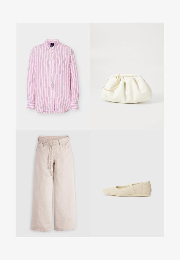 Langærmet skjorte med knapper foran med lodrette pink, hvide og beige striber, krave, brystlomme og manchetter med knapper.; Lyse beige, vide denimbukser med knaplukning, bæltestropper og forlommer. Glat tekstur med en afslappet pasform.; Lysebrune ballet flats med en glat læderoverflade, mandelformet tå og elastisk rem over vristen, med diskrete syninger.; Hvid læderhåndtaske med en samlede design, forsynet med en guldkæde-strop og en rund form. Glat tekstur med bløde folder og ingen mønstre.