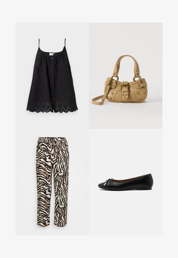 Blouse noire sans manches avec fines bretelles, boutons sur le devant et ourlet festonné avec motifs de feuilles découpées brodées.; Pantalons à cordon de serrage en tissu léger, présentant un motif zèbre noir et blanc avec des accents marron. Coupe décontractée et longueur crop.; Ballerine plate en cuir noir avec un bout arrondi, un petit nœud aux extrémités dorées et un talon plat et bas sur fond gris.; Sac à main en cuir beige avec double poignées, boucle en laiton et détails rivetés, ainsi qu'une bandoulière réglable sur fond blanc.