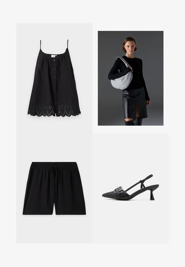 Schwarze ärmellose Bluse mit dünnen Trägern, vorderen Knöpfen und gewelltem Saum mit bestickten ausgeschnittenen Blattmustern.; Schwarze Shorts mit elastischem Bund, verstellbarem Kordelzug und Seitentaschen, flach auf einem schlichten, hellen Hintergrund ausgelegt.; Simmi London DALA - Pumps - black; Hobo-Tasche in Hellgrau, aus weichem Material, runder Form. Gestylt mit einem schwarzen Langarmtop und einem schwarzen Lederrock mit einem Schlitz auf der Vorderseite.