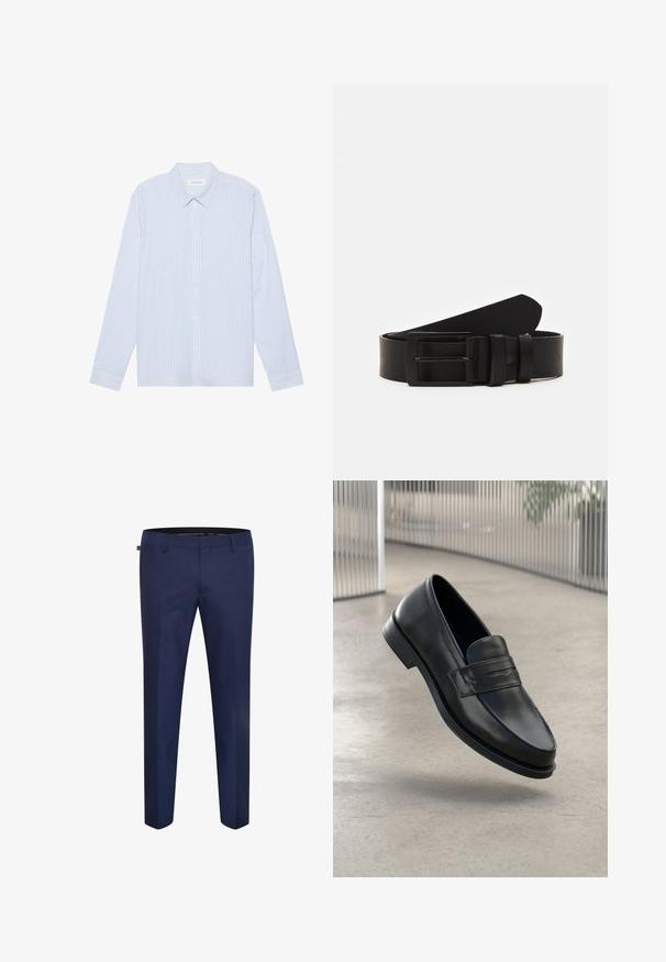 Himmelblau gestreiftes Langarm-Hemd mit Knopfleiste. Verfügt über einen klassischen Kragen, weiße Knöpfe und einen glatten Baumwollmischstoff.; Marineblaue maßgeschneiderte Hose aus einem glatten Stoff, mit schmaler Passform und flacher Vorderseite ohne sichtbare Taschen oder Verzierungen.; Schwarzer Lederloafer mit glatter Textur, spitzer Zehe und einem dekorativen Riemen über dem Rist. Leichte Sohle, minimalistisches Design.; Schwarzledergürtel mit einer mattscharzen rechteckigen Metallschnalle und zwei Gürtelschlaufen auf weißem Hintergrund.