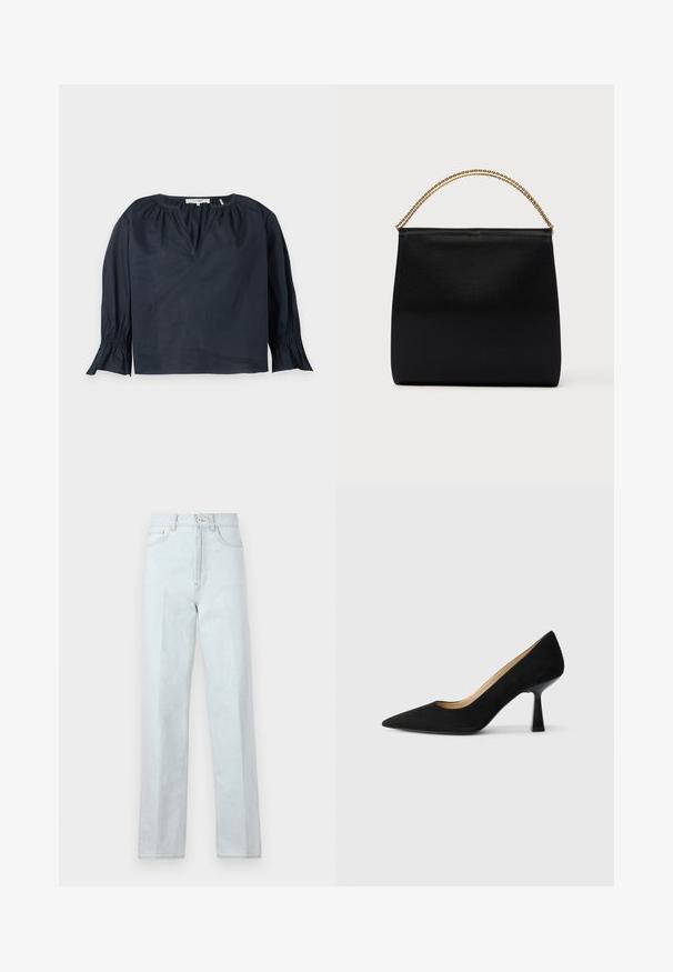 Blusa azul marino de manga larga con cuello fruncido, ligero escote en V y puños acampanados con detalle elástico sobre un fondo claro.; Jeans de mezclilla de tono azul claro, de pierna ancha y con cintura alta, que cuentan con una cremallera frontal, cierre de botón y diseño clásico de cinco bolsillos.; Zapato de tacón alto de ante negro con punta afilada, que cuenta con un tacón de bloque negro brillante y un forro interior suave.; Bolso negro de tela suave, con forma estructurada, asa de cadena dorada y diseño geométrico minimalista.