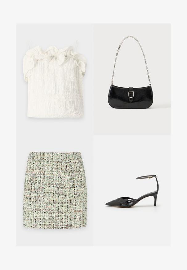 Hofmann Copenhagen EXCLUSIVE GENEVIVE - Top - off white; Kort tweed nederdel i lysegrøn, fremstillet af et struktureret stof med flerfarvede fnug, to forlommer og sølvknap detaljer.; Sort læder højhælet sko med spids tå, åbne sider og en tynd ankelrem med en lille guld detalje.; Sort skuldertaske i laklæder med sølv spænde og sølv kæderem, vist mod en ensartet lys baggrund.