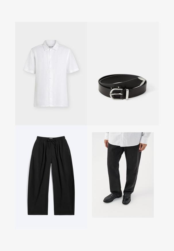 Chemise blanche à manches courtes avec col, présentée à plat sur un fond clair uni.; Pantalon noir à jambes larges avec taille élastique et cordon, avec poches latérales et coupe décontractée.; Pantalons en denim noir associés à des mocassins noirs brillants. La chemise est blanche avec de fines rayures verticales, avec des manches longues et un col boutonné.; Ceinture en cuir noir avec une boucle en métal argenté, présentant un design classique et une texture lisse. Comprend des trous pour un ajustement flexible.