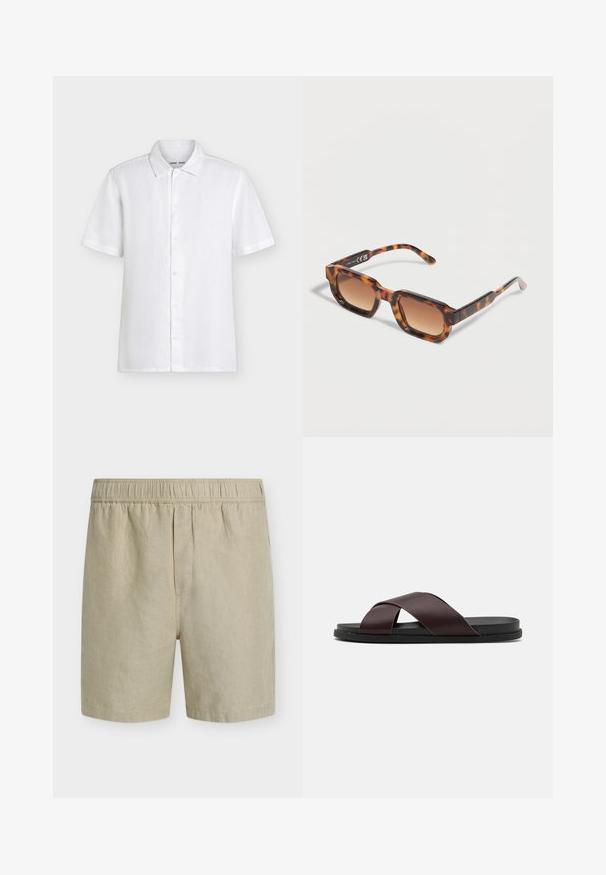 Chemise blanche à manches courtes avec col, présentée à plat sur un fond clair uni.; Short en lin beige avec taille élastique, coupe droite, sans poches visibles ni ornements.; Sandale à glissière à lanières croisées de couleur marron, dotée d'une finition mate, d'une semelle noire plate et d'une texture lisse. Design minimaliste sans matériel visible.; Lunettes de soleil rectangulaires à motif écaille de tortue avec des verres dégradés marron, reposant sur une surface claire.