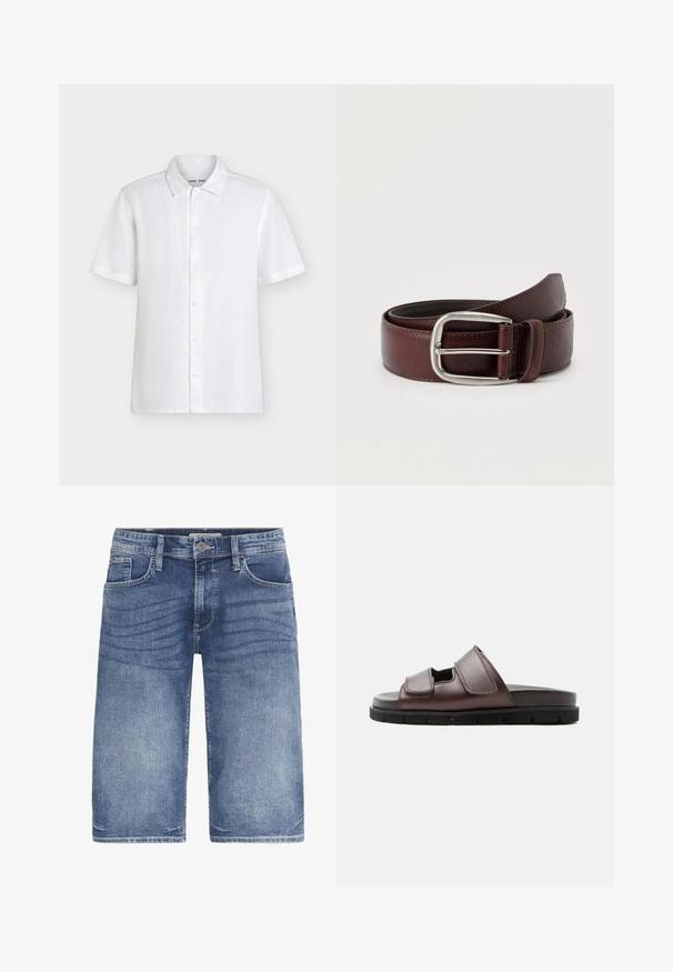 Chemise blanche à manches courtes avec col, présentée à plat sur un fond clair uni.; Shorts en denim bleu clair, avec une coupe classique, cinq poches, fermeture à bouton et un léger dégradé sur le tissu pour une texture.; Sandale en cuir marron avec deux brides Velcro ajustables et une semelle noire coussinée sur fond blanc.; Ceinture en cuir marron avec une finition texturée, dotée d'une boucle en métal argenté et d'une seule boucle de réglage. Motif tissé près de la boucle.