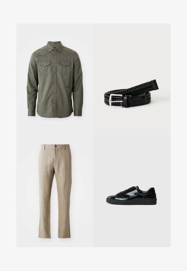 Chemise à boutons à manches longues de couleur verte, fabriquée en tissu texturé. Elle possède deux poches sur la poitrine et un col pointu avec un détail de parcelle de style western.; Pantalons en lin beige à coupe droite, avec une fermeture à bouton à l'avant et une texture lisse. Sans motifs ni accents visibles.; Baskets en cuir verni noir avec un bout arrondi, un laçage, une semelle en caoutchouc texturé et une finition lisse.; Ceinture en cuir tressé noir avec boucle argentée enroulée sur une surface blanche.